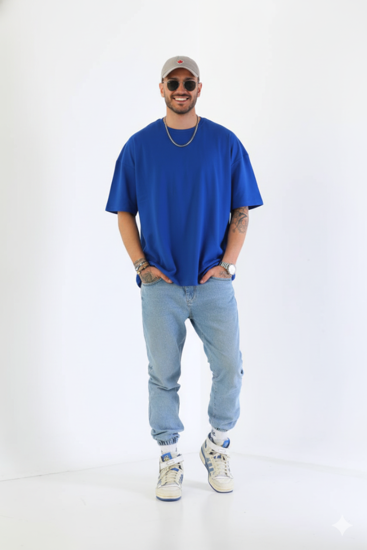 Premium Heavy Unisex Kobalt Mavi Oversize Tişört