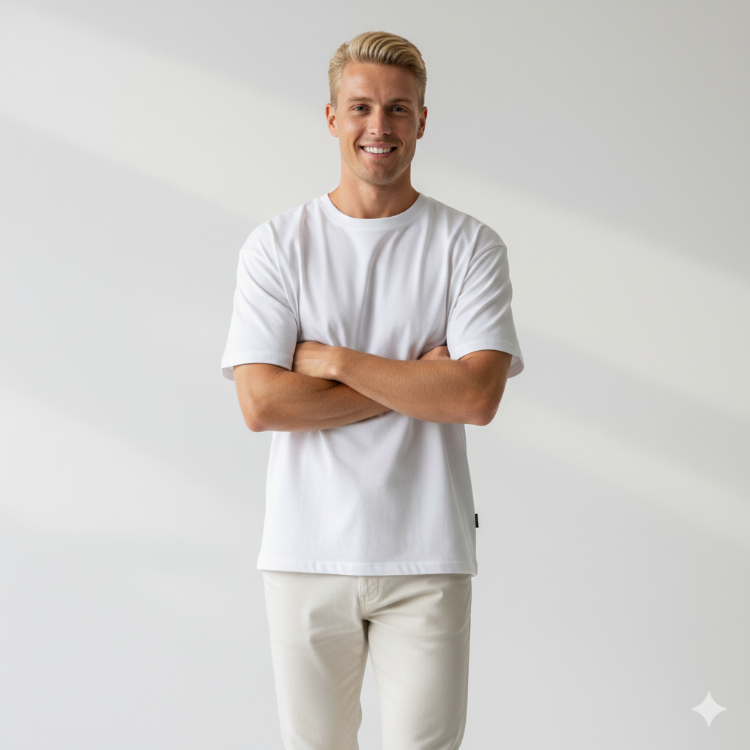 Premium Essential Unisex Beyaz Yarım Oversize Tişört