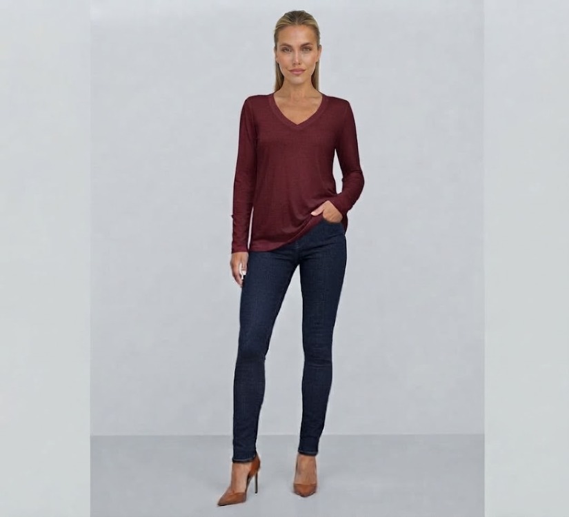 Premium Relax Fit V Yaka Uzun Kollu Tişört Bordo