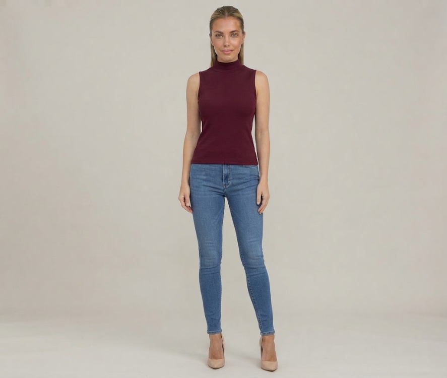 Premium Fit Dik Yaka Modal Kumaş Kolsuz Bordo Body