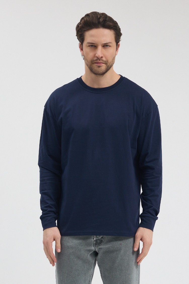 Premium Essential Lacivert Yarım Oversize Uzun Kollu Tişört
