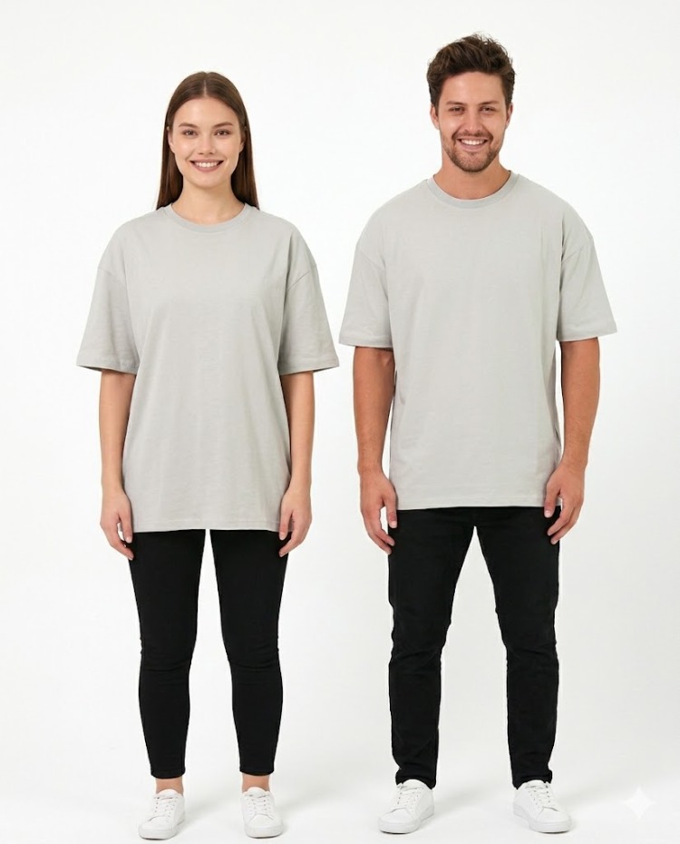 Premium Essential Unisex  Gri  Yarım Oversize Tişört