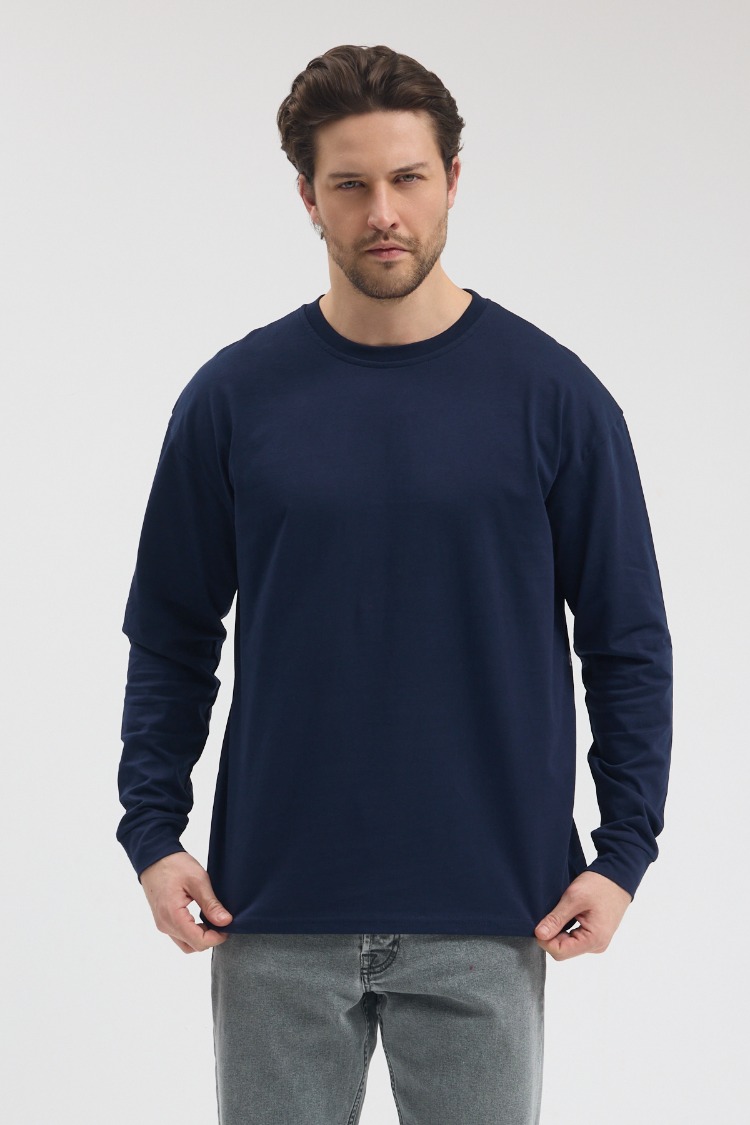 Premium Essential Lacivert Yarım Oversize Uzun Kollu Tişört