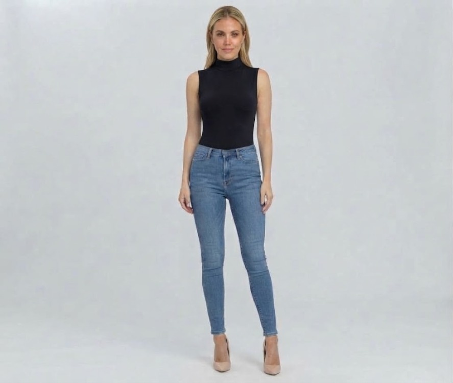 Premium Fit Dik Yaka Modal Kumaş Kolsuz Siyah Body