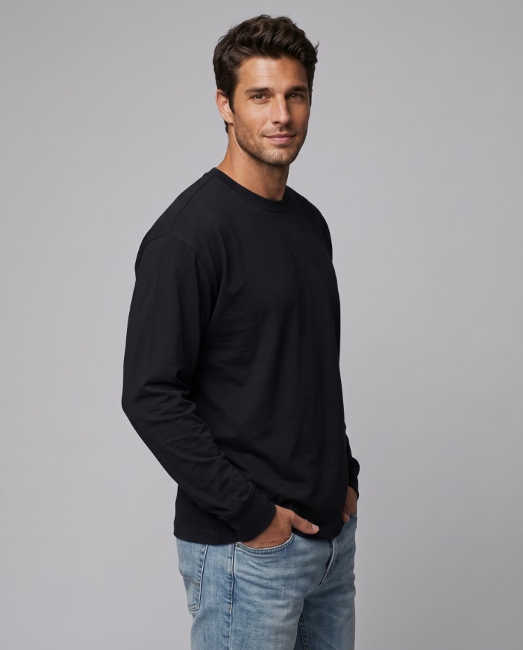 Premium Essential Siyah Yarım Oversize Uzun Kollu Tişört