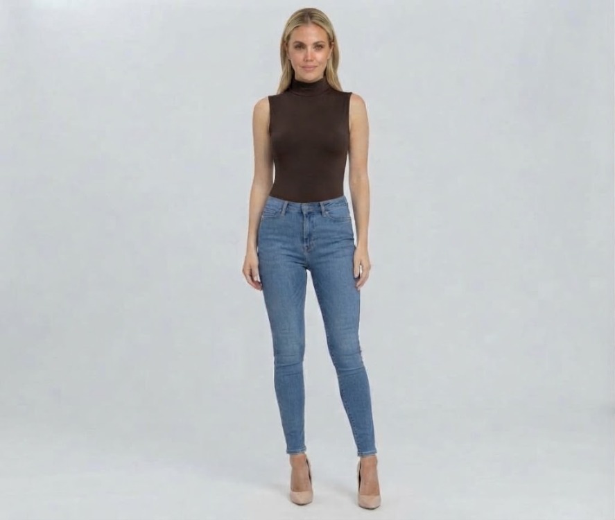 Premium Fit Dik Yaka Modal Kumaş Kolsuz Kahverengi Body