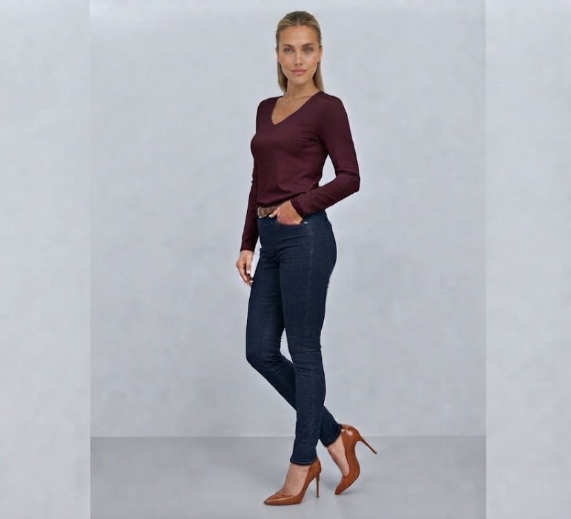Premium Relax Fit V Yaka Uzun Kollu Tişört Bordo
