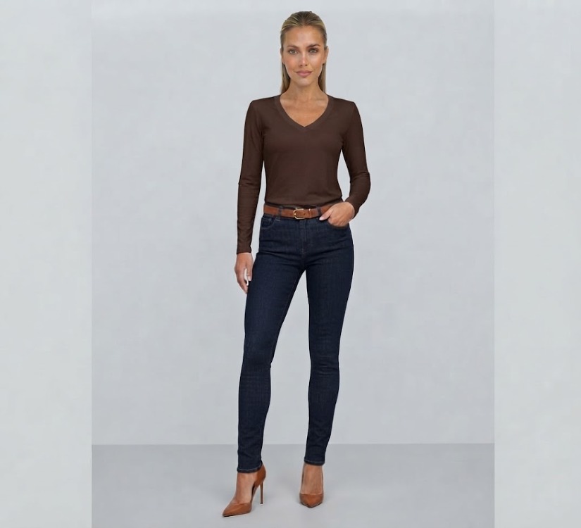 Premium Relax Fit V Yaka Uzun Kollu Tişört Kahverengi