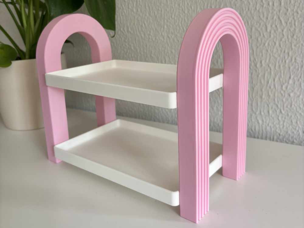 Kemerli 2 Katlı Dekoratif Düzenleyici Raf | Pastel Pembe Makyaj ve Kozmetik Organizeri