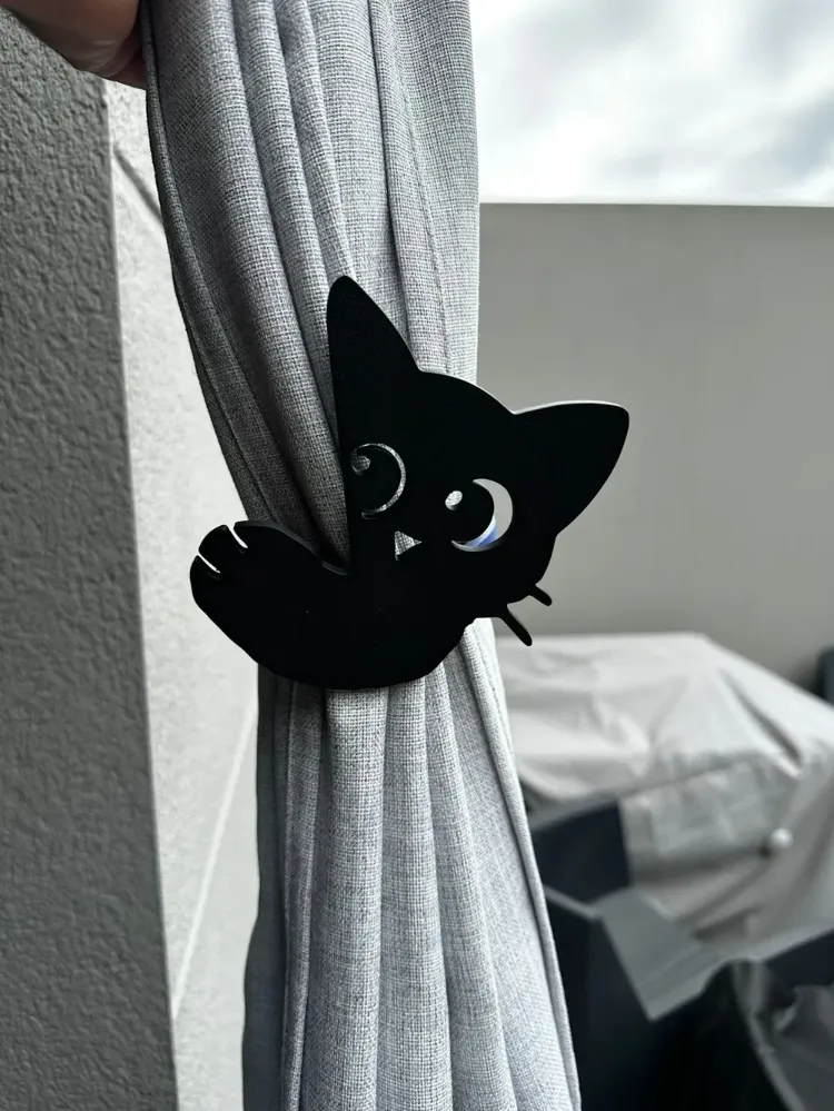 Siyah Kedi Tasarımlı Dekoratif Perde Tutucu ve Bağı