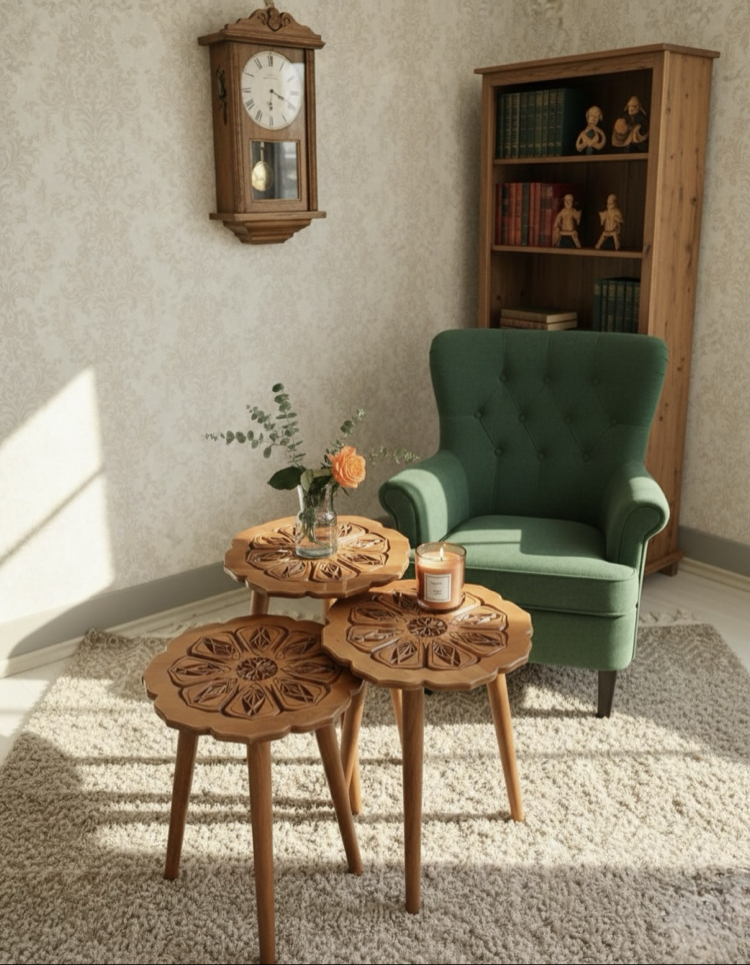 3’lü Kayın Sehpa - Lale Modeli Ceviz