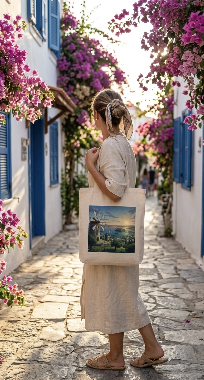 Bodrum Temalı Çiçekli İllüstrasyon Baskılı Ham Bez Plaj Yazlık Günlük Çanta