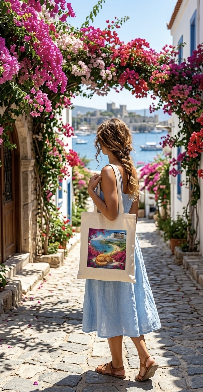 Bodrum Temalı Çiçekli İllüstrasyon Baskılı Ham Bez Plaj Yazlık Günlük Çanta