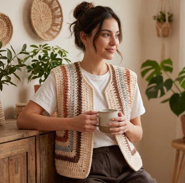 Crochet Vest Pattern PDF Two Piece Boho Sweater Chunky Sleeveless Cardigan Tutorial
