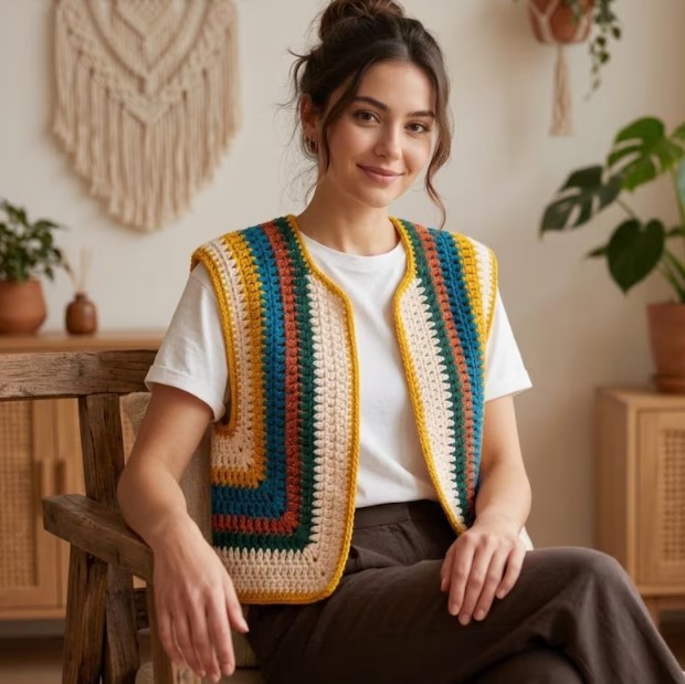 Crochet Vest Pattern PDF Two Piece Boho Sweater Chunky Sleeveless Cardigan Tutorial