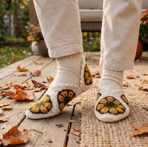 Crochet House Shoes Pattern, Floral Granny Square Slippers PDF