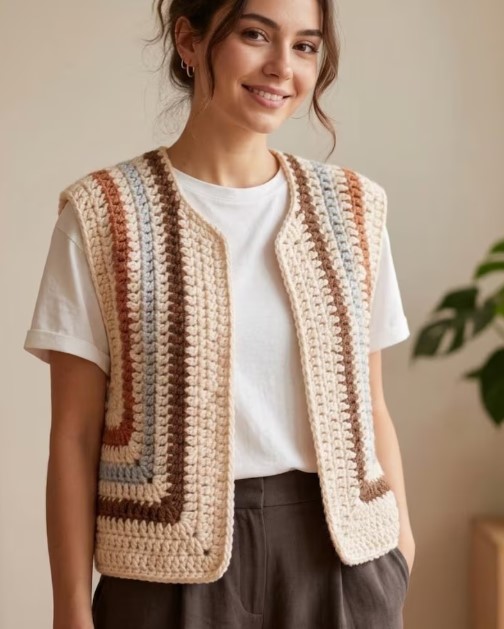 Crochet Vest Pattern PDF Two Piece Boho Sweater Chunky Sleeveless Cardigan Tutorial