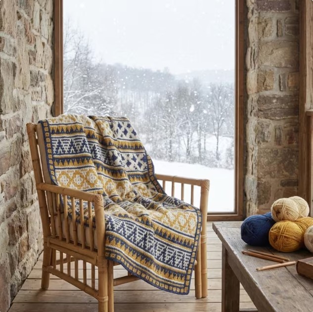 Modern Mosaic Crochet Pattern, Aztec Style Blanket, Mustard and Navy Blue Afghan PDF