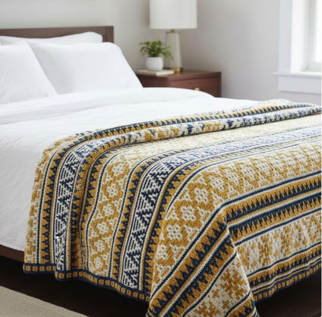 Modern Mosaic Crochet Pattern, Aztec Style Blanket, Mustard and Navy Blue Afghan PDF