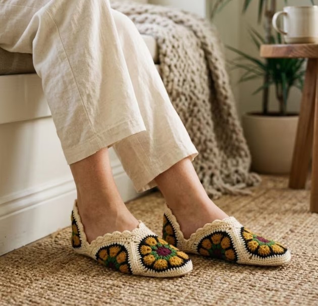 Crochet House Shoes Pattern, Floral Granny Square Slippers PDF