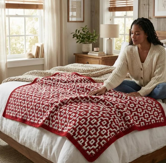 Scandinavian Style Crochet Blanket Pattern | Red and White Mosaic Afghan Blanket