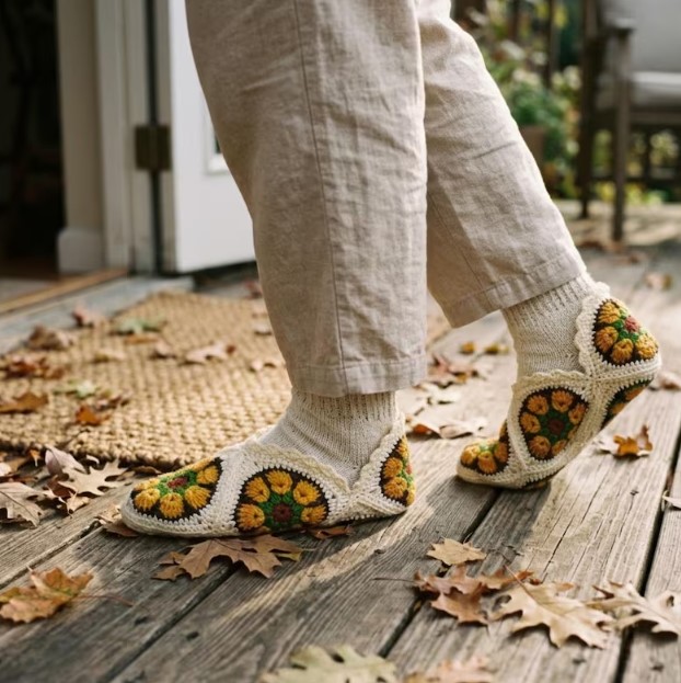 Crochet House Shoes Pattern, Floral Granny Square Slippers PDF