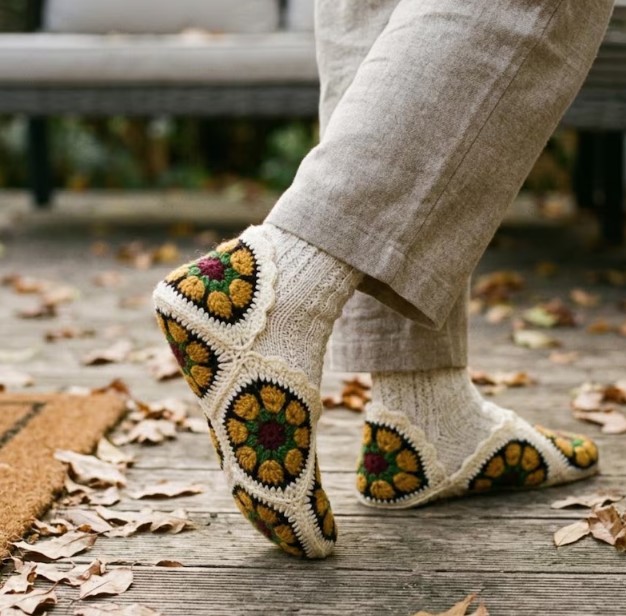 Crochet House Shoes Pattern, Floral Granny Square Slippers PDF