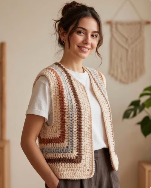 Crochet Vest Pattern PDF Two Piece Boho Sweater Chunky Sleeveless Cardigan Tutorial