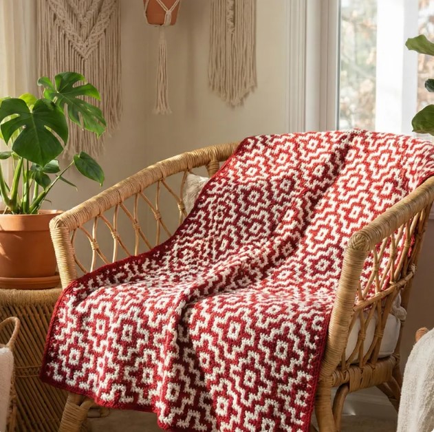 Scandinavian Style Crochet Blanket Pattern | Red and White Mosaic Afghan Blanket