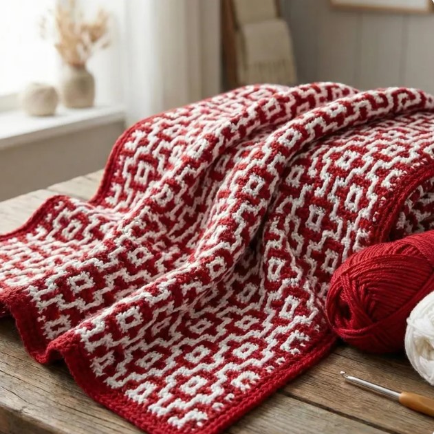 Scandinavian Style Crochet Blanket Pattern | Red and White Mosaic Afghan Blanket