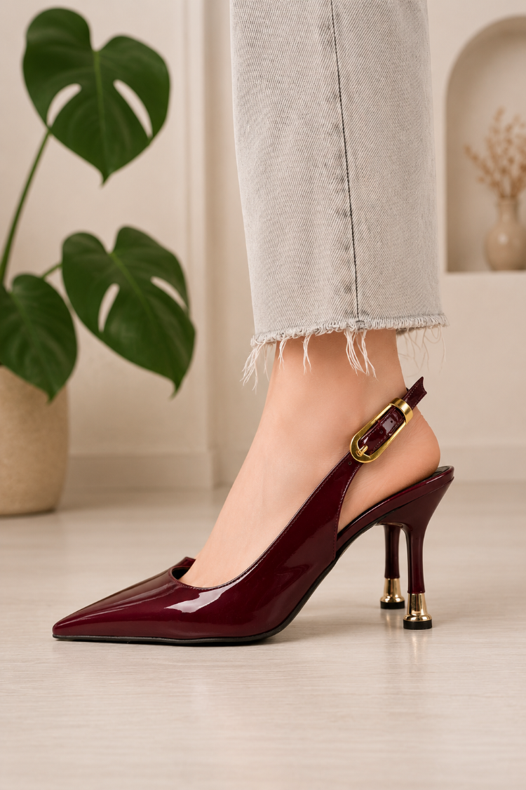 Kadın Bordo Rugan Tokalı Sivri Şık Topuklu Stiletto Ayakkabı