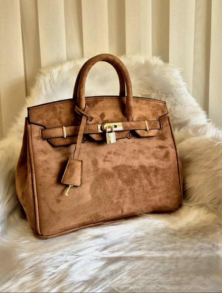 L02- Hermes Birkin Süet Kaplamalı Lüks Satchel- Taba Rengi