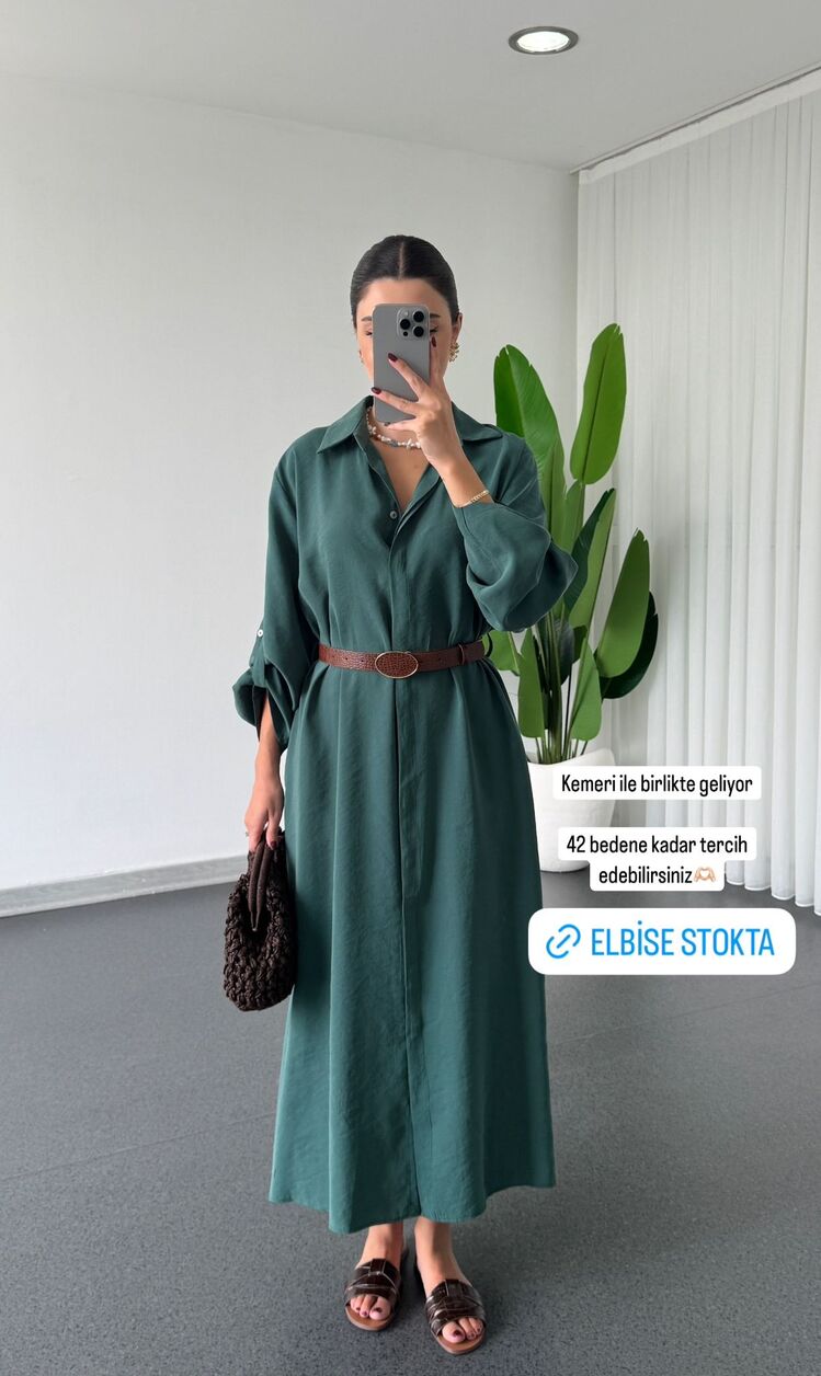 PE1- YEŞİL UZUN DÜĞMELİ OVERSIZE ELBİSE