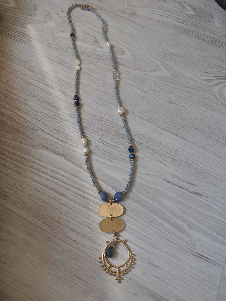 Bİ1- LAPİS LAZULİ, LABRODORİT VE İNCİ DETAYLI DOĞAL TAŞ KOLYE