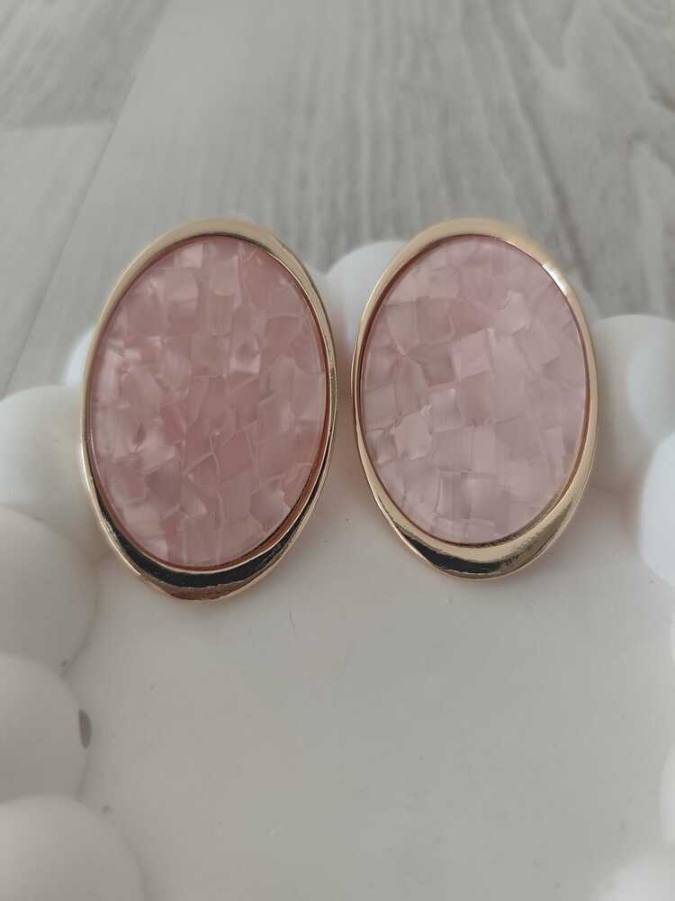 VB31- Taşlı Soft Pembe Altın Rengi Çerçeveli Küpe