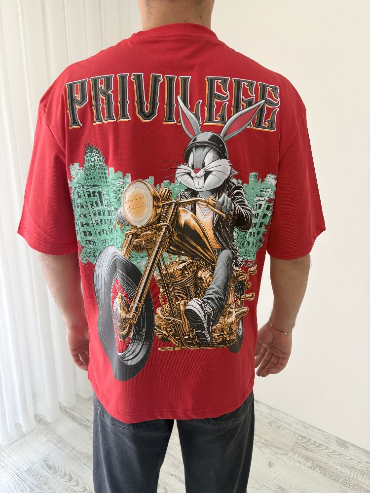 Motorlu Bugs Bunny Oversize Kırmızı Tişört