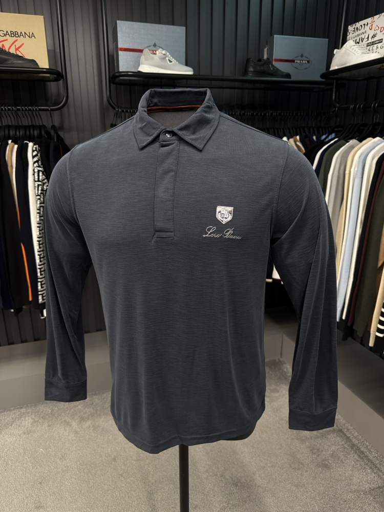 Outlet ürünü İthal Lora Piana Modal Kumaş Uzun Kollu Polo Yaka (8890-Siyah)
