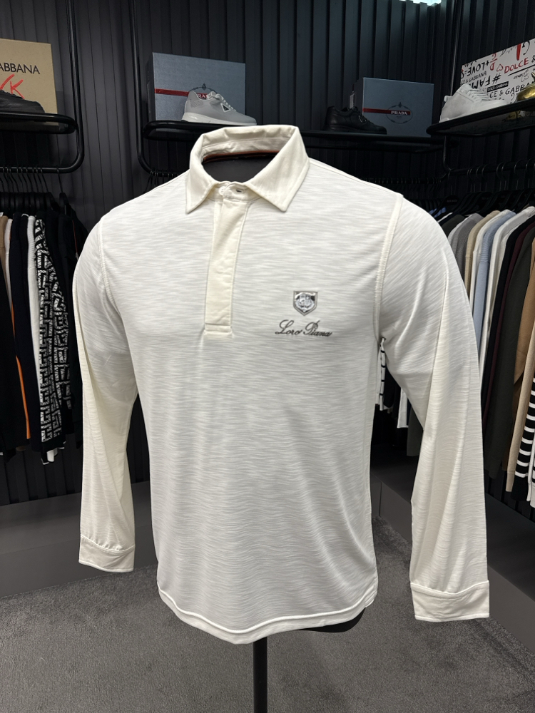 Outlet ürünü İthal Lora Piana Modal Kumaş Uzun Kollu Polo Yaka (8890-Beyaz)