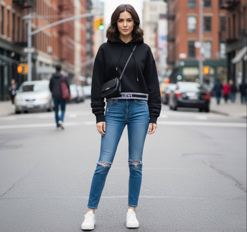 KADIN LOEWE Crop Kapüşonlu Sweat (Siyah)-5177-
