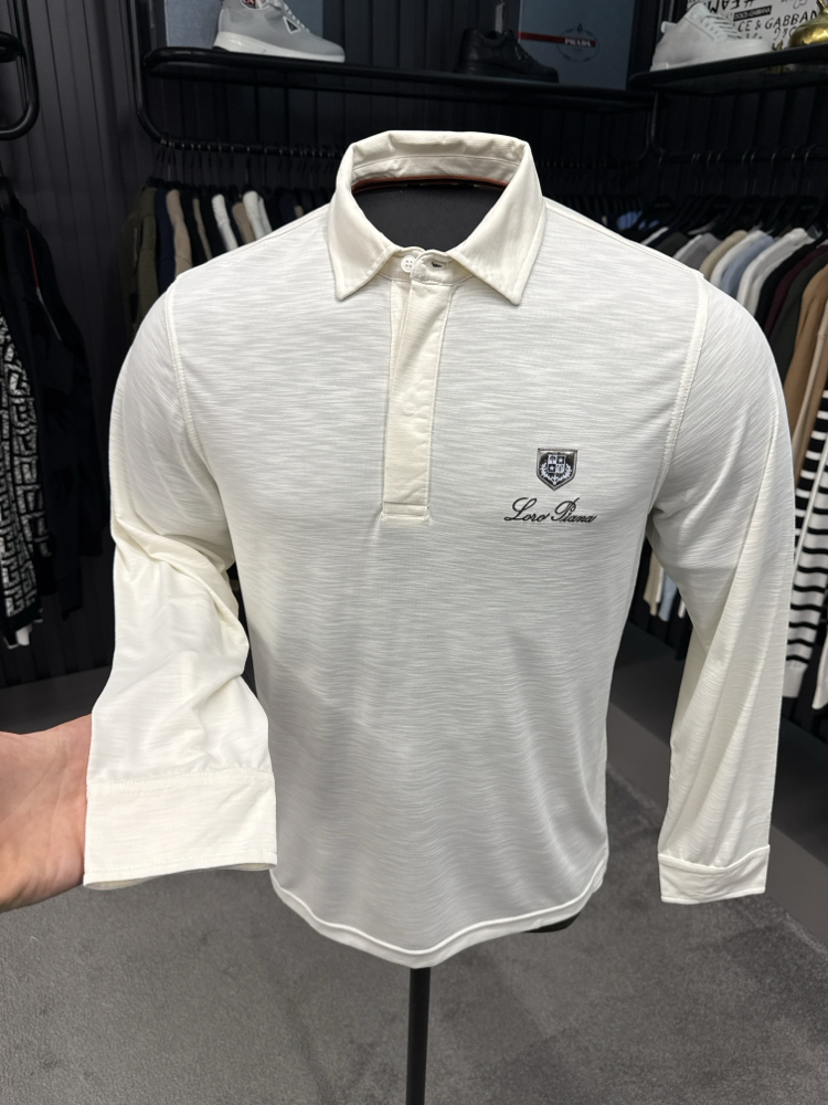 Outlet ürünü İthal Lora Piana Modal Kumaş Uzun Kollu Polo Yaka (8890-Beyaz)