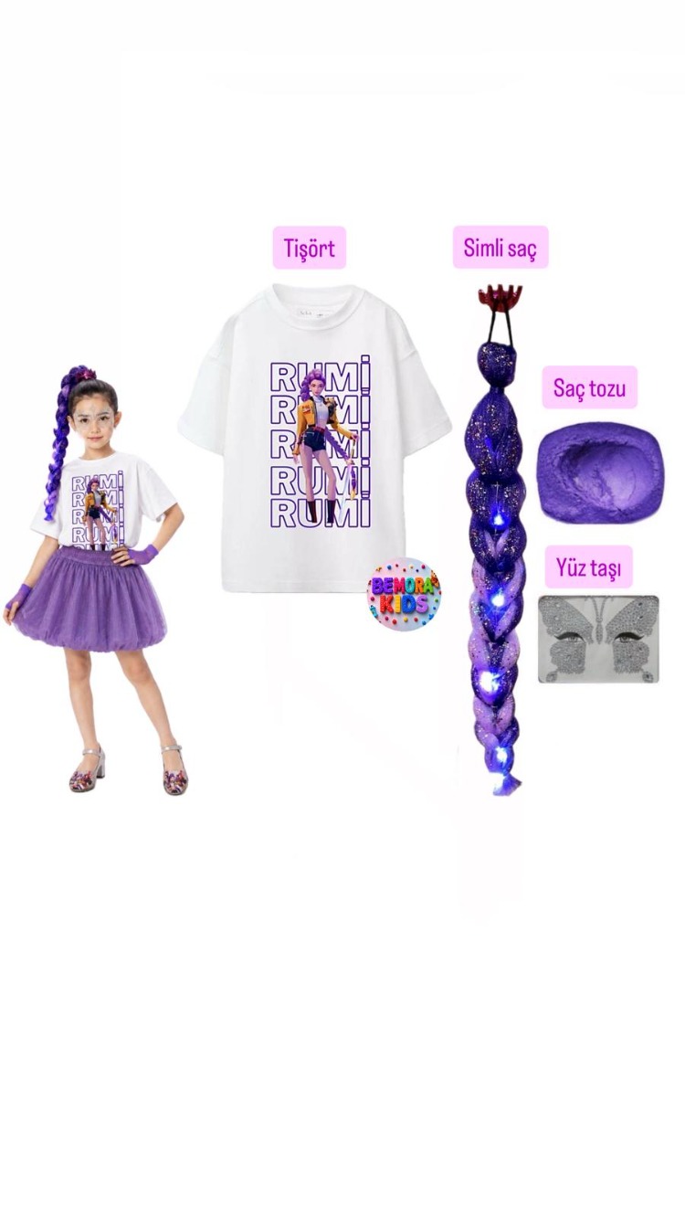 kpop huntrix rumi baskılı tişört + rumi mor simli saç + saç tozu + yüz taşı seti
