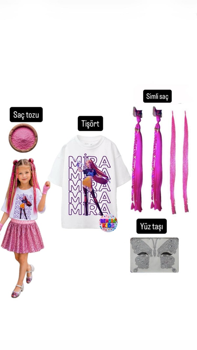 kpop mira baskılı tişört +pembe pullu etek + mita pembe simli saç +saç tozu + yüz taşı