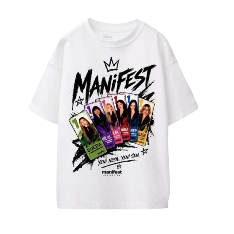 manifest baskılı tişört + manifest peruk saç + yüz taşı 3 lü set