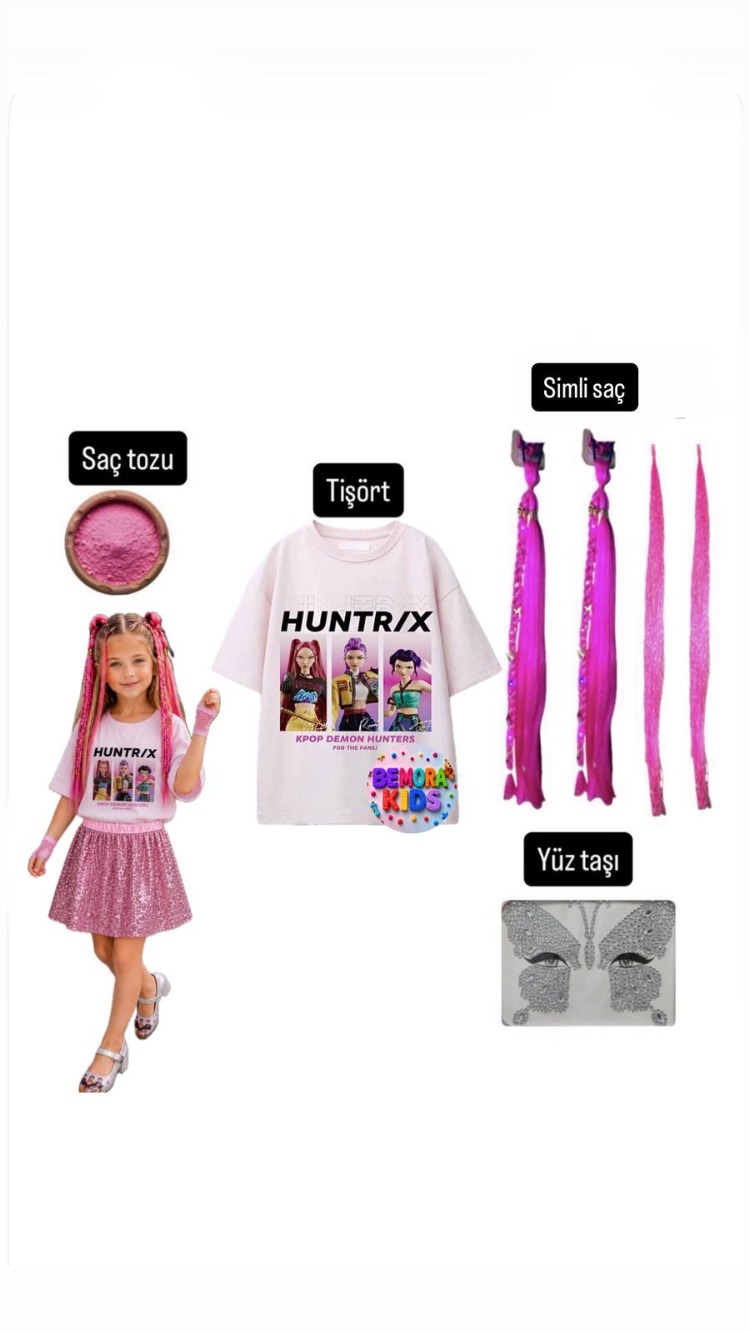 kpop huntrix baskılı tişört + mira pembe simli saç + saç tozu + yüz taşı seti