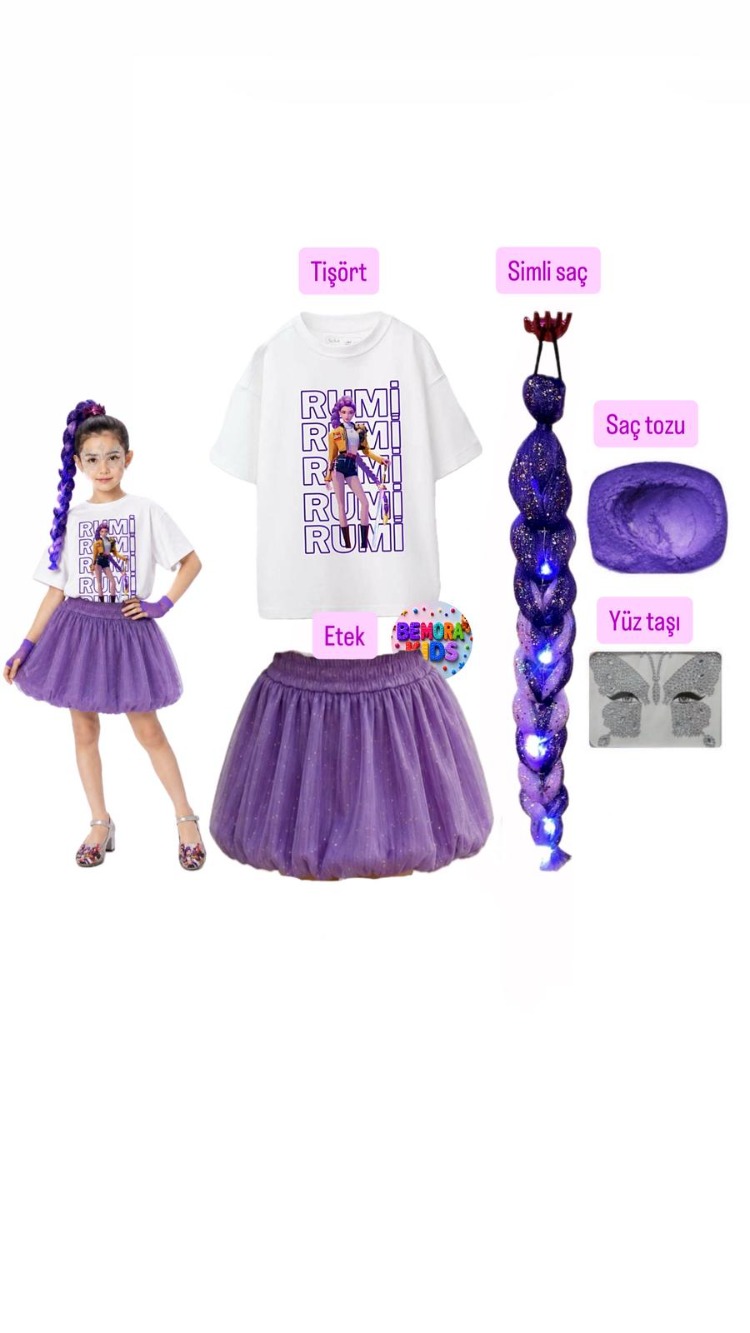 kpop rumi baskılı tişört + mor balon etek + rumi mor simli saç +saç tozu + yüz taşı seti