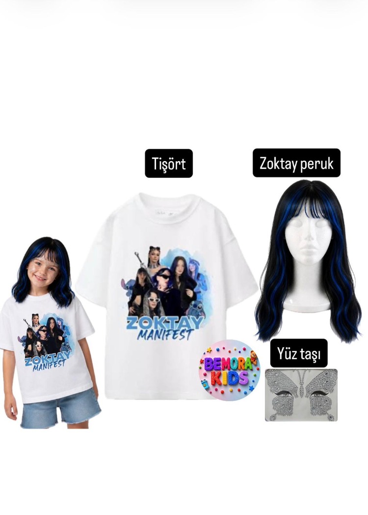 manifest zoktay tişört + peruk + yüz taşı 3 lü set 