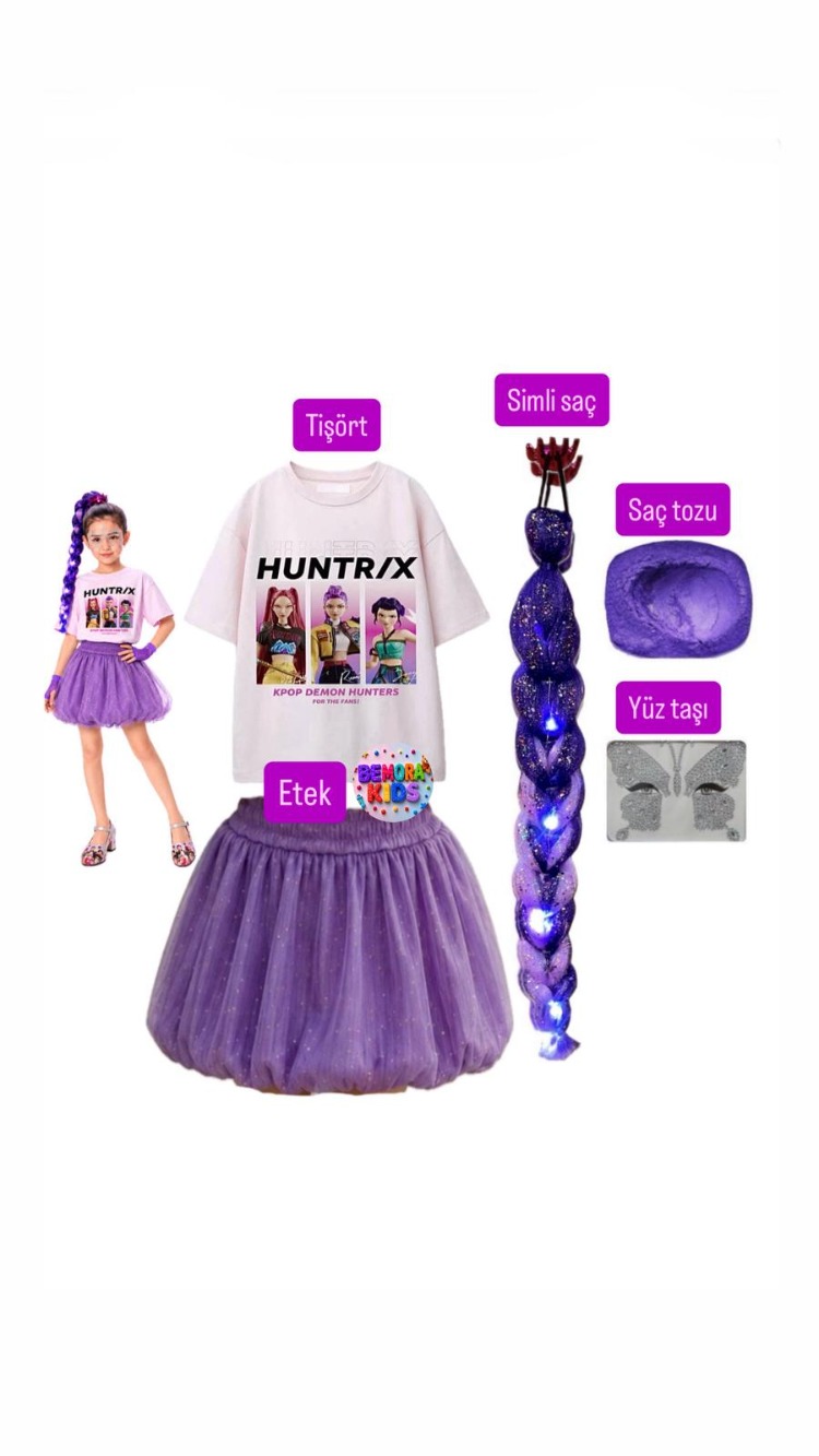 kpop huntrix baskılı tişört + mor balon etek + rumi mor simli saç +saç tozu + yüz taşı seti