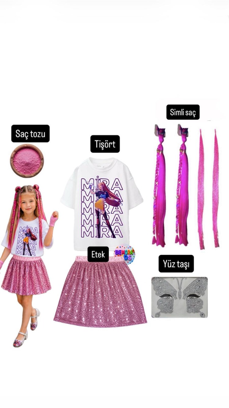 kpop mira baskılı tişört +pembe pullu etek + mita pembe simli saç +saç tozu + yüz taşı