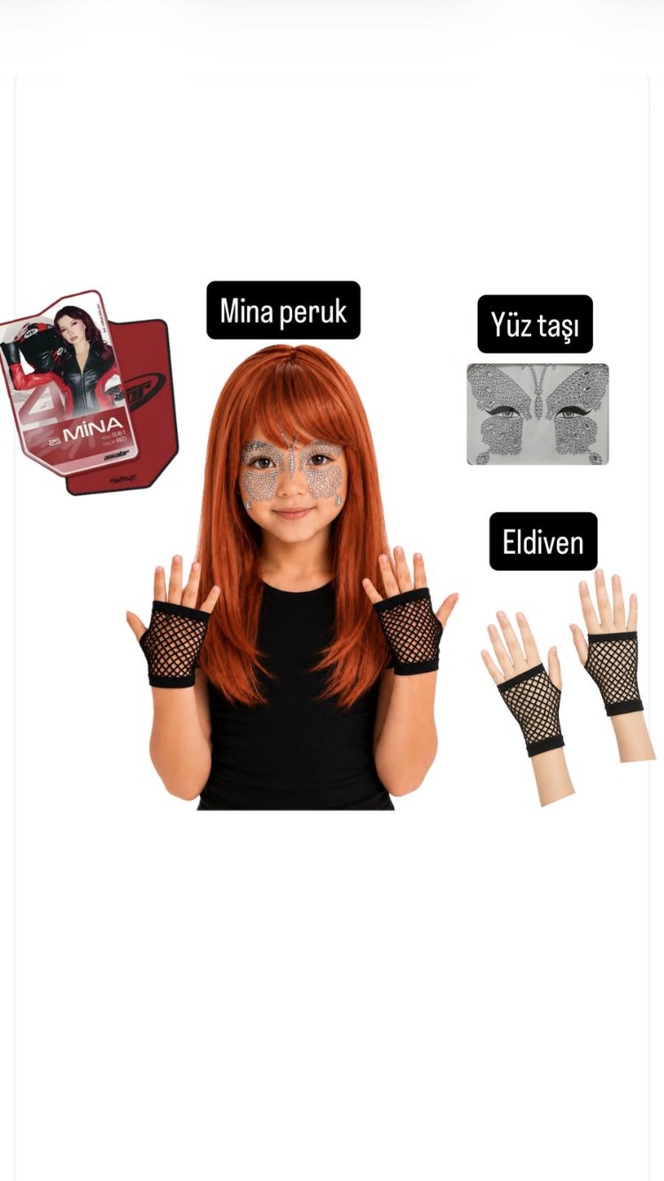 manifest zoktay aksesuar seti peruk saç + yüz taşı + siyah file eldiven