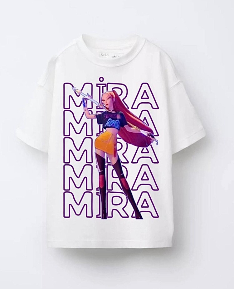 kpop mira baskılı tişört +pembe pullu etek + mita pembe simli saç +saç tozu + yüz taşı